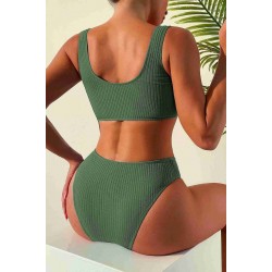 Angelsin Özel Fitilli Kumaş Yüksek Bel Tankini Bikini Takım Yeşil