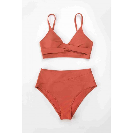 Angelsin Özel Tasarım Önden Çarpraz Yüksek Bel Bikini Takım Kırmızı