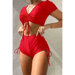 Angelsin Özel tasarım Yarım Kol Büzgü Detaylı Bikini Takım Kırmızı