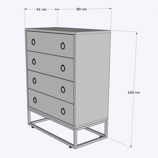 Ferforje Ahşap Tarz 4 Çekmeceli Şifonyer 80x41x103cm