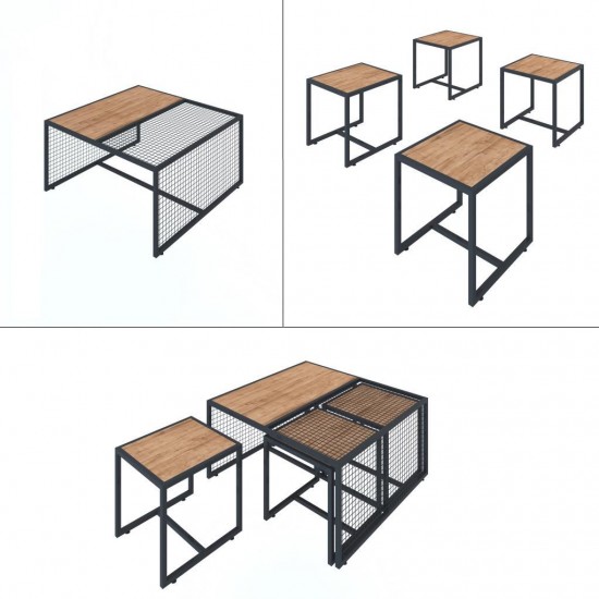 Ferforje Ahşap Tarz 4 Zigonlu Orta Sehpa 90x90x44cm