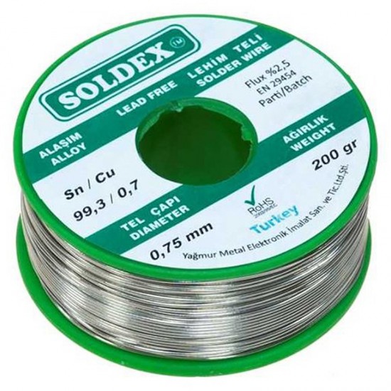 Kurşunsuz Soldex 200 Gr 0.75 Mm Kurşunsuz Lehi̇m Teli̇ Sn 99.3 / Cu 0.7