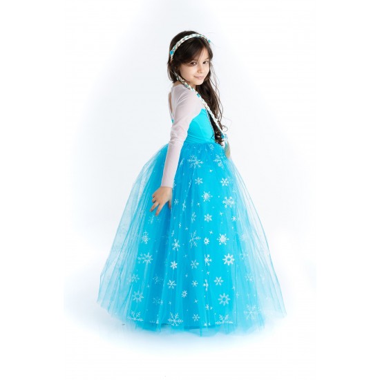 Kız Çocuk Mavi Elsa Kostümü Tarlatanlı Saç Hediyeli