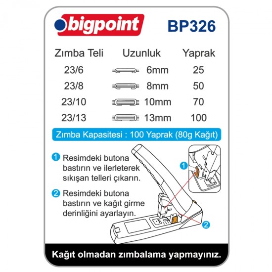 Bigpoint Zımba Makinesi Arşiv Tipi 100 Yaprak (%70 Güç Tasarruflu)