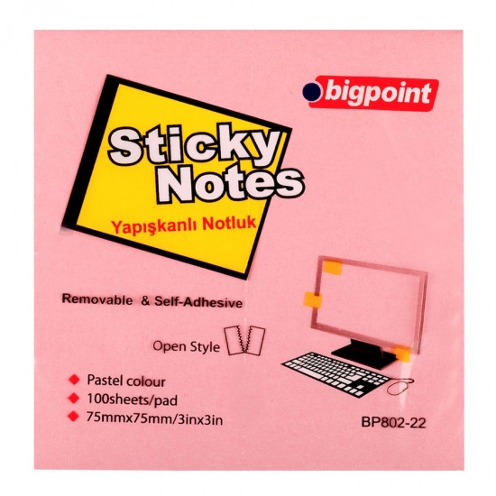 Bigpoint Yapışkanlı Not Kağıdı 75x75mm Pembe