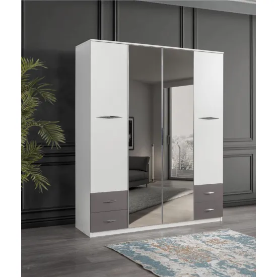 Bella 4 Kapılı Gardırop Aynalı Çekmeceli 170x55x210 Bella 4 Kapılı Gardırop Aynalı Çekmeceli 170x55x210