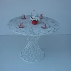 Beyaz Mermer Desen Yuvarlak Balkon Mutfak Masası 90cm