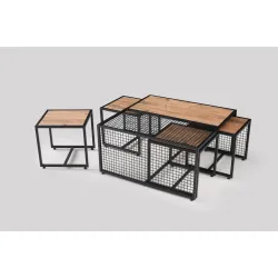 Ferforje Ahşap Tarz 4 Zigonlu Orta Sehpa 90x90x44cm