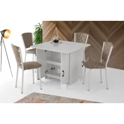 İzmir Katlanır Dolaplı Masa 4 Sandalye 80x90cm Beyaz