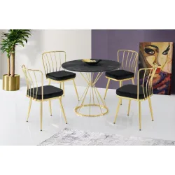 Kum Saati High Gloss Siyah Gold Mutfak Masa 4 Sandalye Seti 90cm