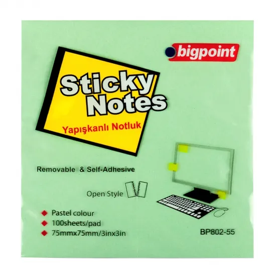 Bigpoint Yapışkanlı Not Kağıdı 75x75mm Yeşil Bigpoint Yapışkanlı Not Kağıdı 75x75mm Yeşil