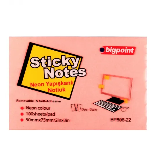 Bigpoint Yapışkanlı Not Kağıdı 75x50mm Neon Pembe Bigpoint Yapışkanlı Not Kağıdı 75x50mm Neon Pembe
