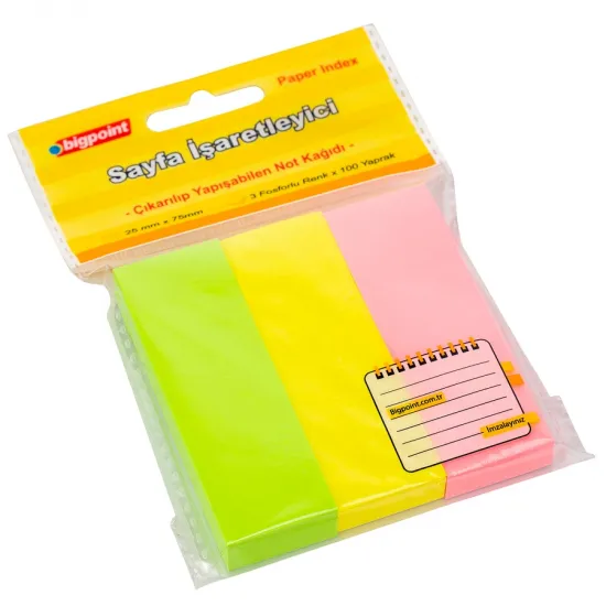 Bigpoint Yapışkanlı Not Kağıdı 3 Neon Renk 25x75mm Bigpoint Yapışkanlı Not Kağıdı 3 Neon Renk 25x75mm